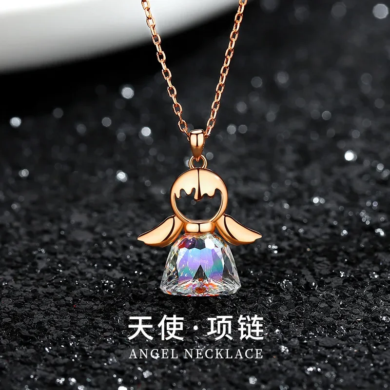 

selling S925 Sterling silver jewelry Angel necklace female design popular Austrian crystal skirt sweater chain pendant wholesale