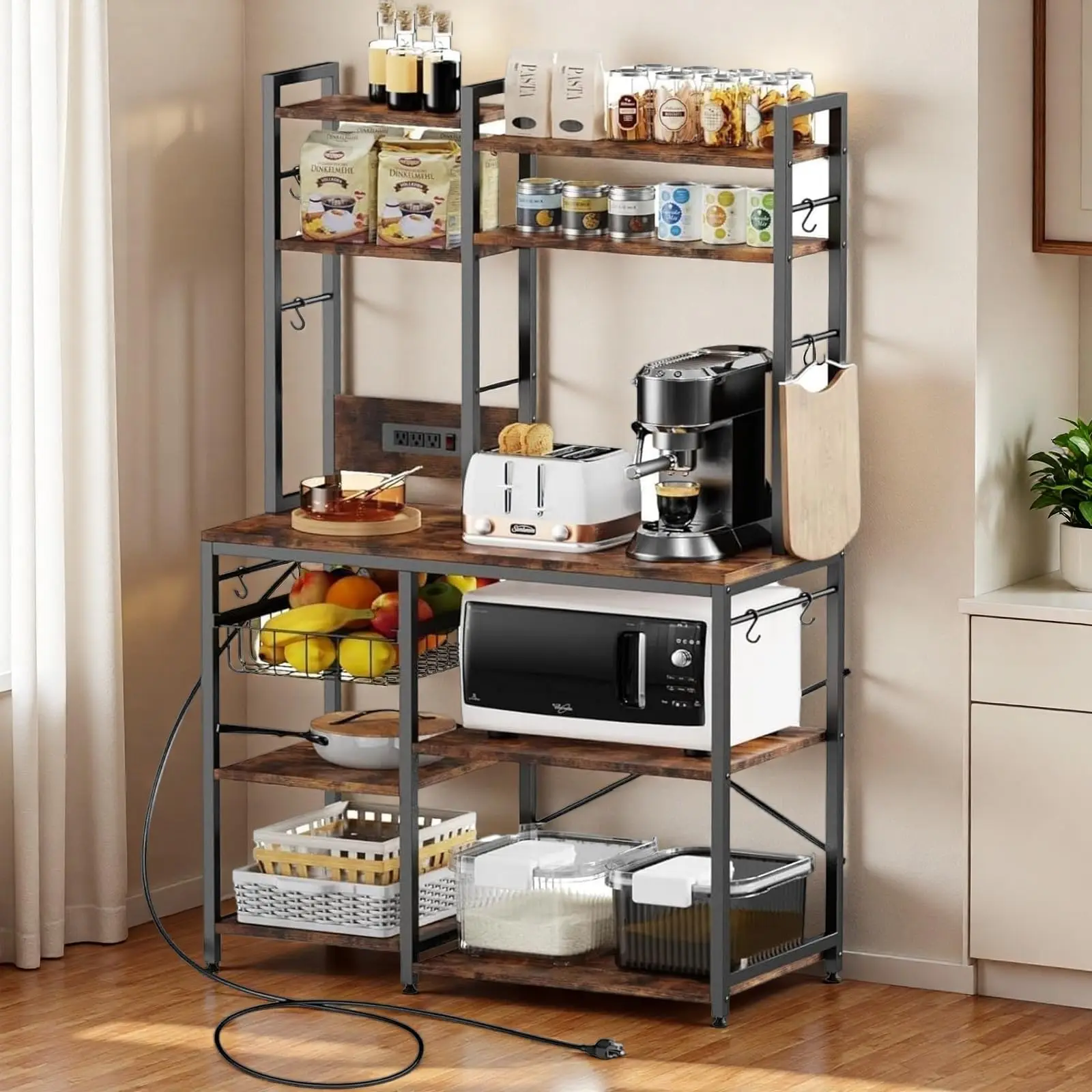 Bakers Rack with Power Outlet - 6 Tier Microwave Stand with Storage, 35.4 inches Kitchen Shelf with Wire Basket and 12