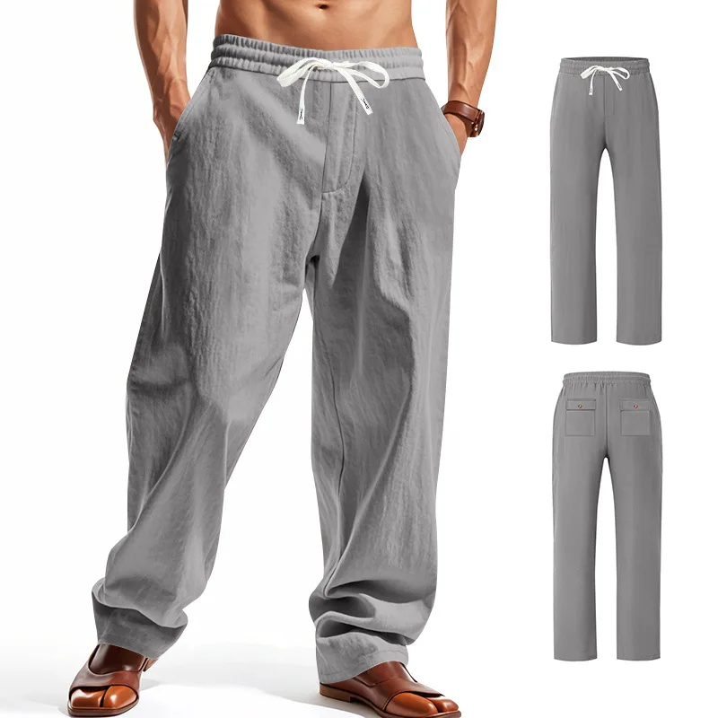 New European and American Style Men's Casual Pants Loose Linen Fabric Casual Wide-leg Trendy Beach Sports Breathable Long Pants