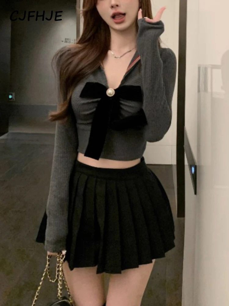 CJFHJE Winter Sweet Two Piece Set Women Korean High Waist Sexy Chic Y2K Mini Skirt Suit Lady Slim Knitted Tops Pleated Skirt Set