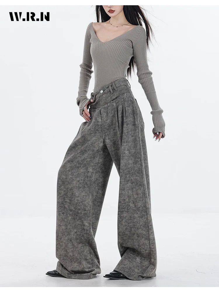 Pantalones vaqueros de estilo Punk Grunge para mujer, Vaqueros rectos de cintura alta, con bolsillos, estilo Retro americano, Y2K, Primavera, 2024