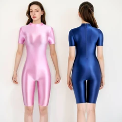 XClocKNYoung satin glossy tights Satin Glossy bodysuit Sexy Oil High Neck zipper short Sleeve shorts Tight Pants Silk leotard