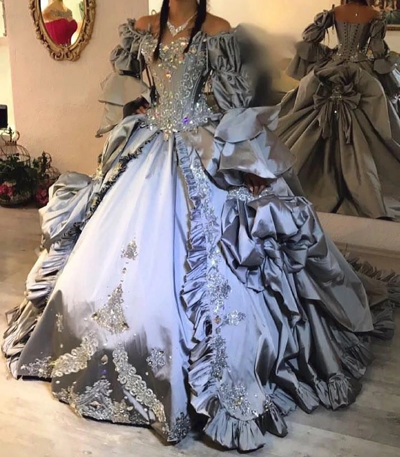 Silver Grey Gothic Princess Prom Dresses with Long Sleeve Victorian Bustle Lace-up Corset Puffy Skirt Evening Gown cusotmsized