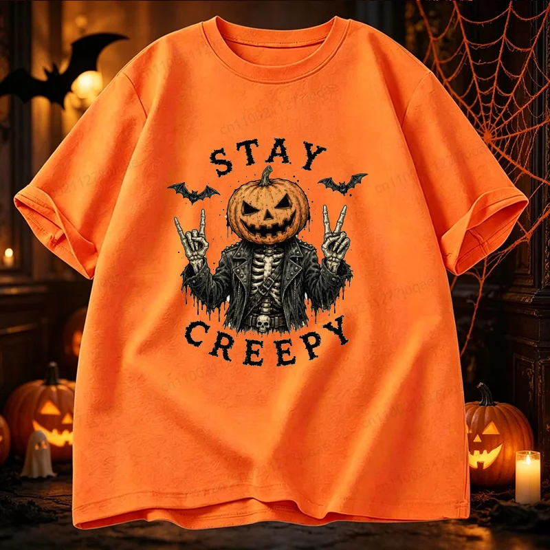Gothic Punk Halloween Tee Stay Creepy Skeleton Rock Hand Print T-Shirts Vintage Clothing Unisex T-shirt Spooky Season Tops Gifts