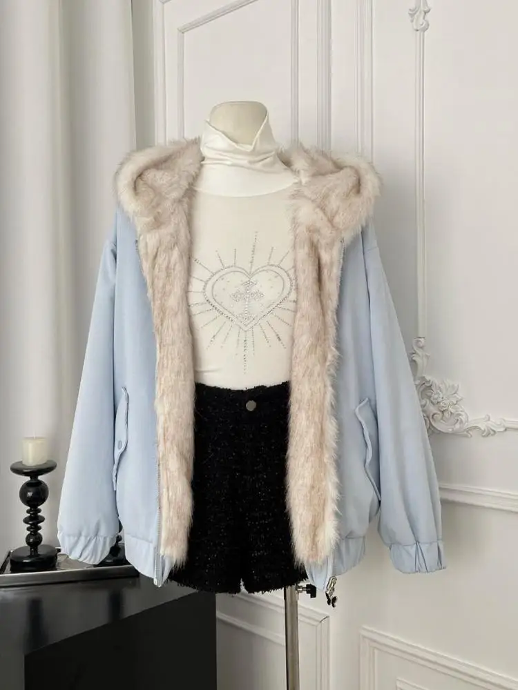 

Korean Fashion Women's Blue Hooded Long Sleeved Elegant Short Cotton Coat Autumn Winter Warm Festival Zipper Jacket Tops Casual