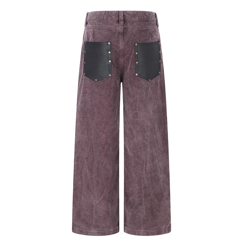 MWJLPWQ Corduroy Wide-Leg Trousers Men Trendy Punk Back Pockets Unique Color-Blocking PU Leather Patchwork Trousers Street 21155
