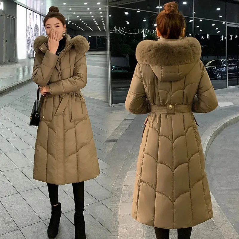 2024 Winter New Women\'s Long Down Cotton Jacket Fur Collar Hooded Puffy Coat Warm Parker Overcoat Female Casual Jackets