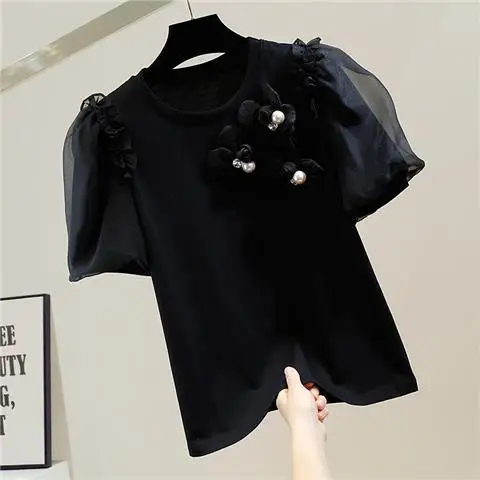3D Pearl Flower Cotton T-shirt for Women's 2023 Summer New Korean High end Design Sense Top  harajuku
