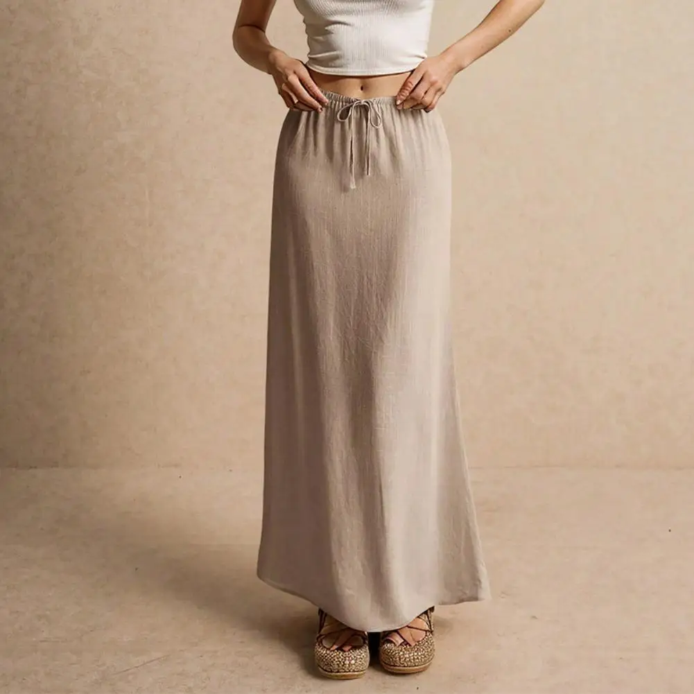 

Mid-waist Solid Color Skirt Elegant Solid Color Maxi Skirt for Women A-line Drawstring Design for Work Leisure Wear Stylish