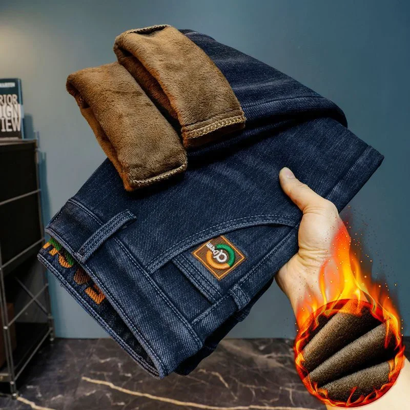 2026 Men American Style Streetwear Fleece Jeans Male High Quality Embroidered Denim Pants Loose Versatile Windproof Trousers