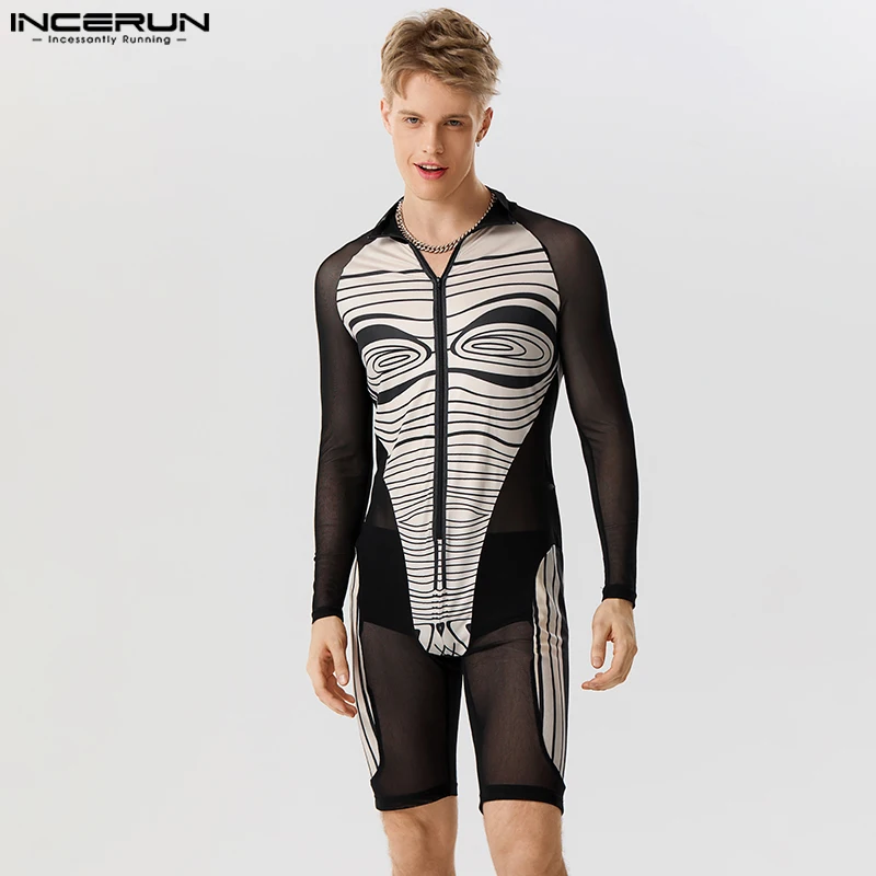 INCERUN 2023 Sexy Homewear New Mens Jumpsuit Abstract Printed See-through Mesh Stitching Long Sleeved Flat Angle Bodysuits S-5XL