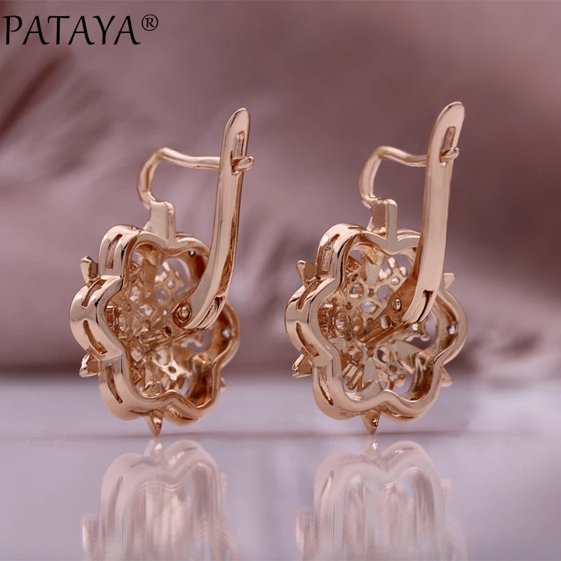 PATAYA 585 Rose Gold Color Round Flower Cubic Zircon Earrings Rings Sets Necklace Chain Jewelry 2024 New Set for Women