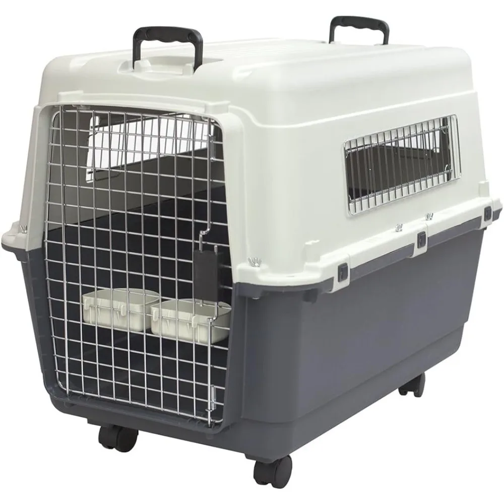 

Plastic Kennels Rolling Plastic Wire Door Travel Dog Crate- Large Kennel, Gray