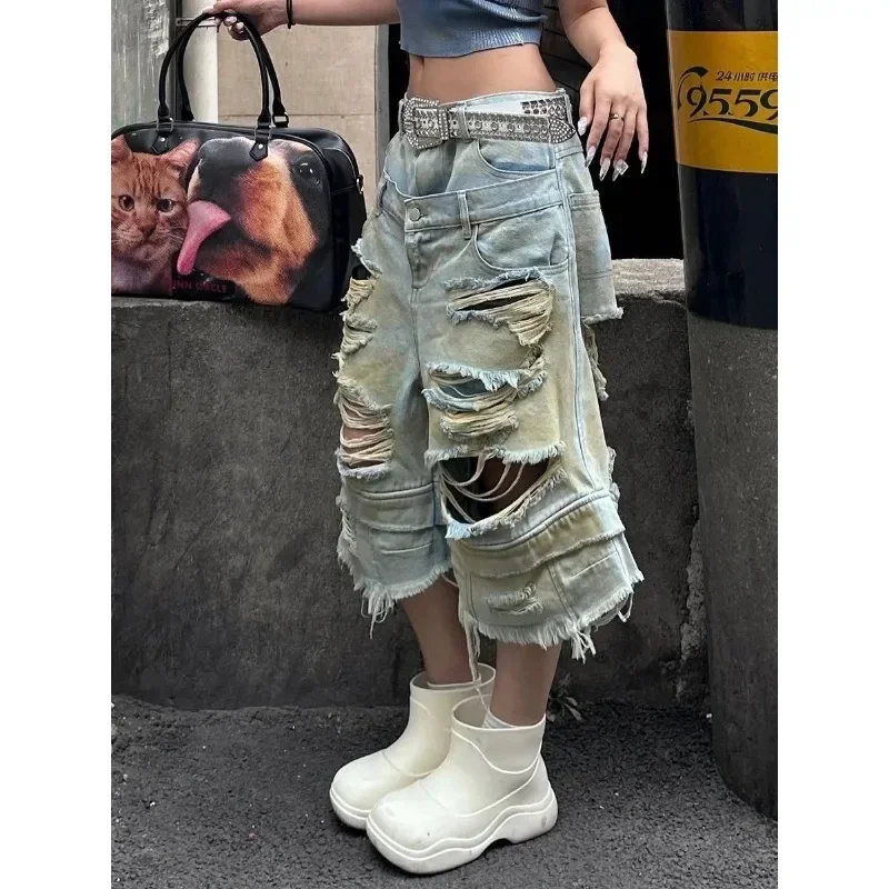 

Women American Retro Washed Distressed Ripped Jeans High Street Hot Girl Loose Straight Wide Leg Pants Streetwear Trousers