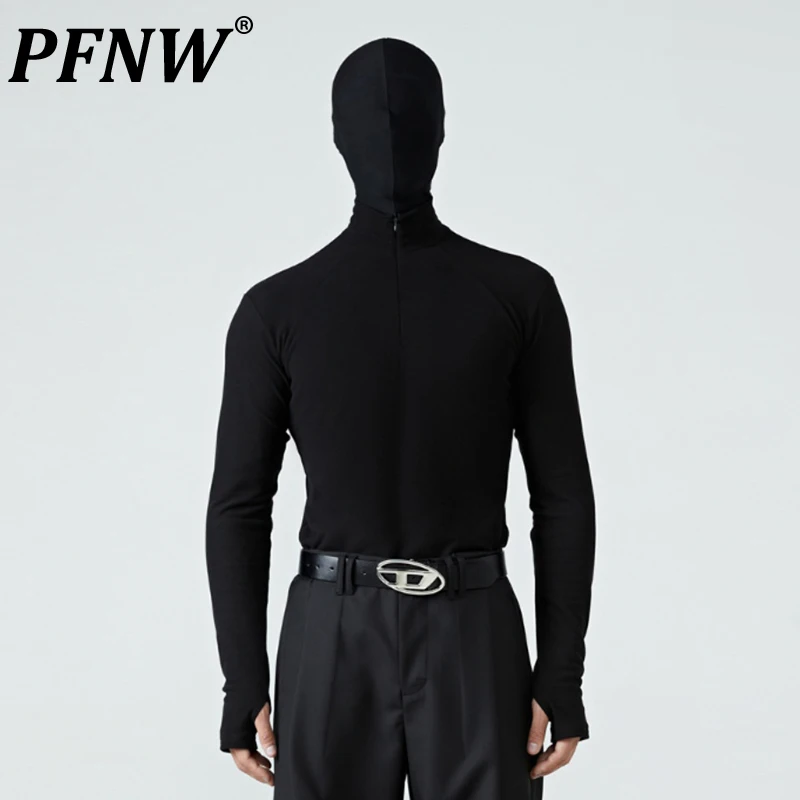 PFNW Men\'s Long Sleeve T-shirt New Slim Fit Half High Neck Warm Inner Layer Design 2024 New Dark Style Versatile Pullover 12C166