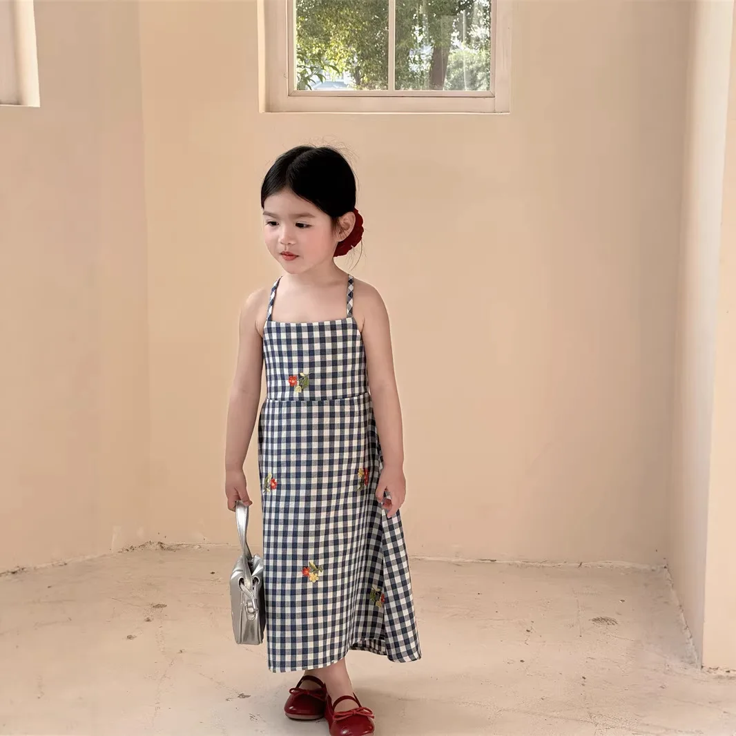 Dress Backless Long-length Fully Embroidered Floral Blue Check Slip Dress Princess Grils Children Fashionable Summer
