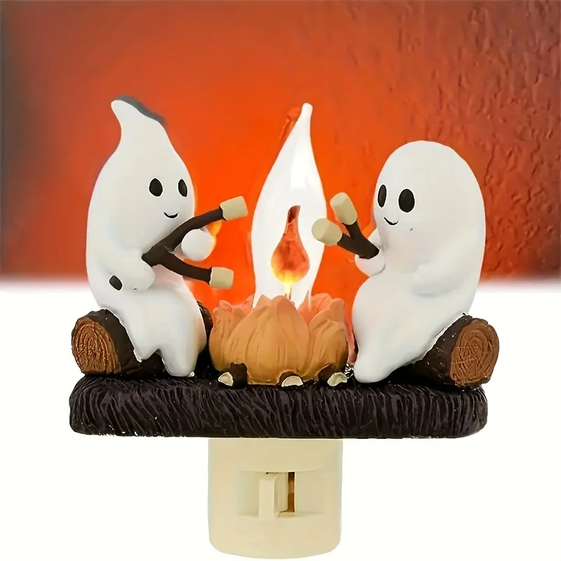 

3D LED Ghost Campfire Night Light - Flickering Flame Indoor Halloween Decorations for Family and Friends, Spooky Nightlight