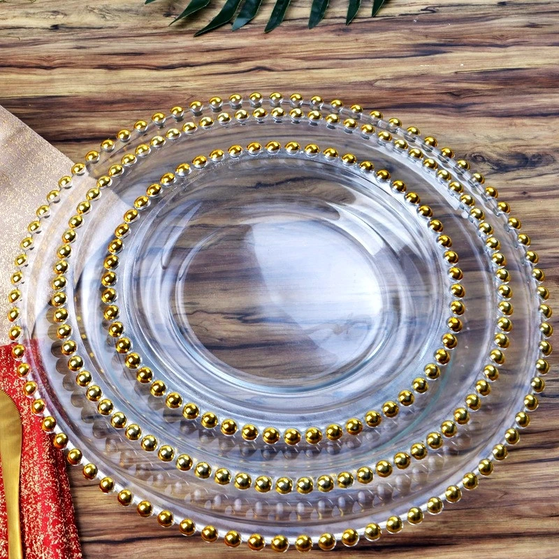 

Gold Rimmed Glass Pearl Tray European Sle Dinner Plate Steak Salad Plate Decorative Plate Heat Resistant round Plate for Ad...