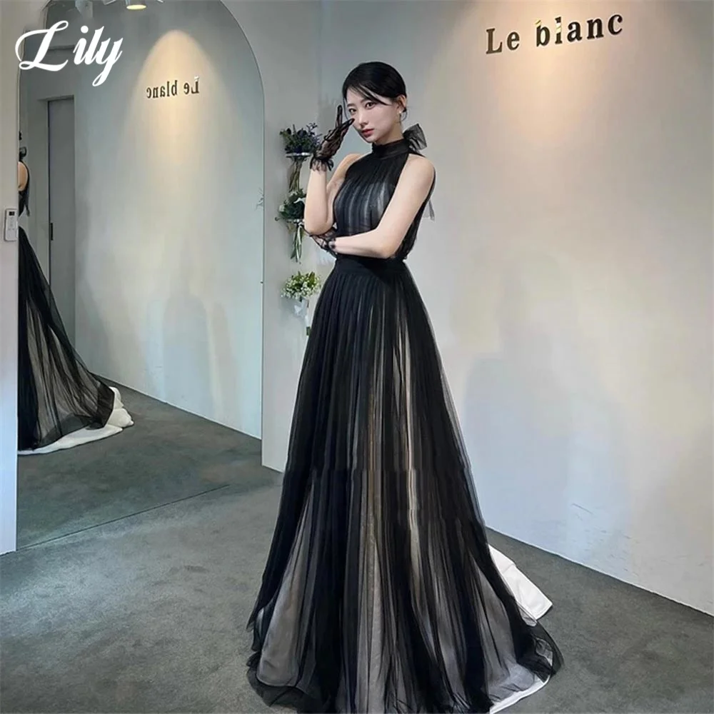 

Lily Black Sexy Prom Dresses Halter Sleeveless Korea Long Prom Gown for Woman Tulle Party Dress for Wedding 프롬 드레스 Customized