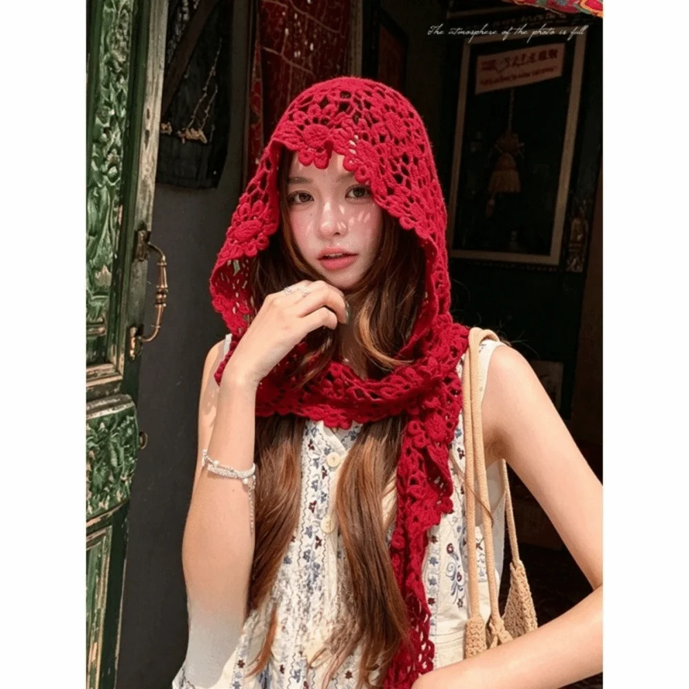 Hollow Out Retro Knitted Hat Handmade Breathable Hooded Scarf Multi-use Thin Crocheted Flower Headwear Photography