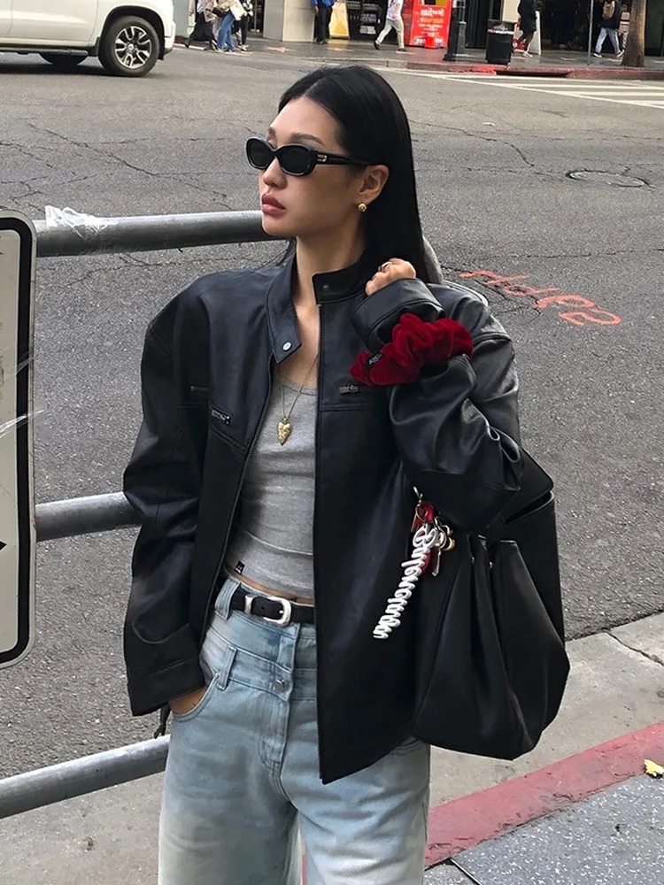 الشارع Sle فضفاض المرأة بلا الوقوف طوق السائق Jaet ريترو كول طويل Sve سستة بولي معطف معطف جلد الخريف Faion