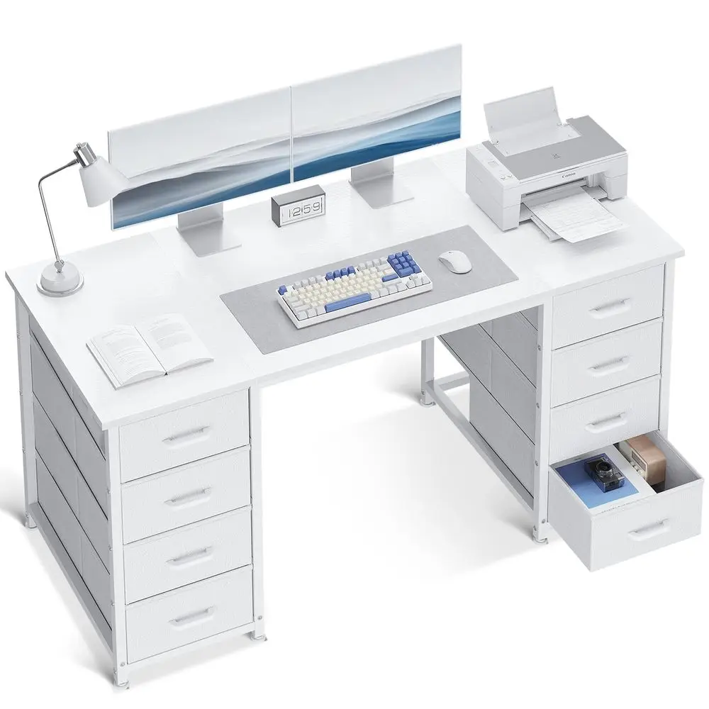 48 Inch White Computer Desk with 8 Fabric Drawers, Modern Office Desk with Large Storage for Home Office, Study, Gaming, White