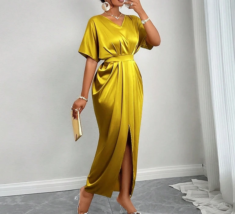 

Elegant temperament V-neck short sleeved high waisted one step slit solid color dress long skirt women's summer dress