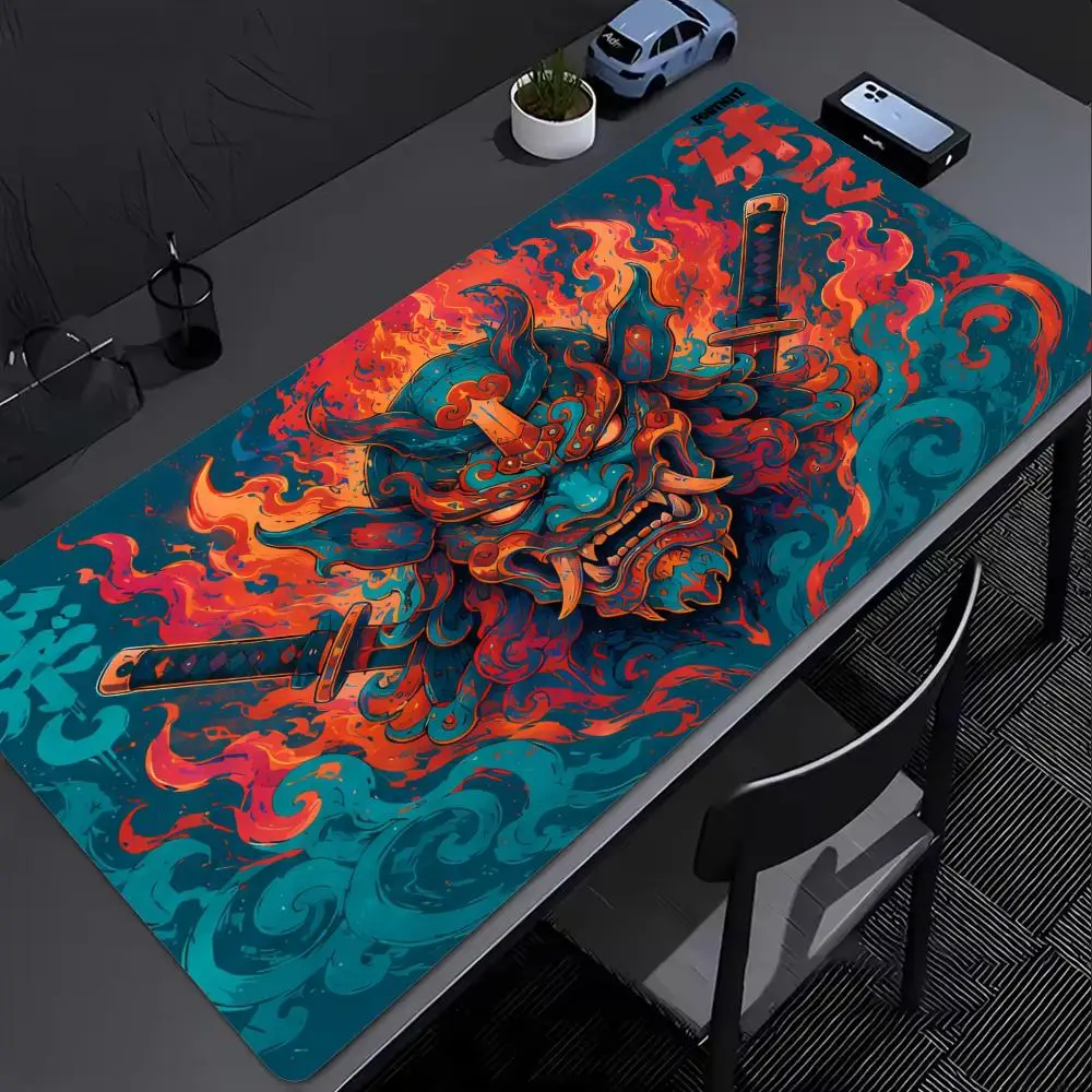 XXL Japanese Hannya Oni Mask Mouse Pad Samurai Katana Flame Cloud Print Non Slip Rubber Stitched Edge Large Gaming Desktop Mat