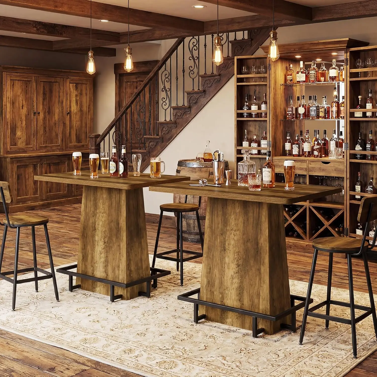 Rustic Industrial Pub Table with Metal Footrest, Rectangular Tall Bar Table for Bar, Restaurant, Patio, Coffee, Brown