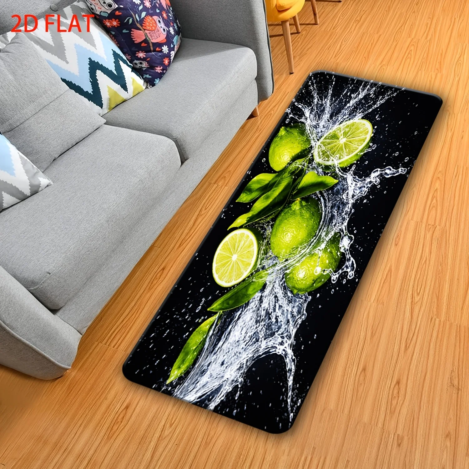 2D FLAT 1pc 100% Polyester Fresh Lemon Print Long Strip Kitchen Hallway Decorative Mat, Soft Comfortable Non-Slip Carpet, Mach
