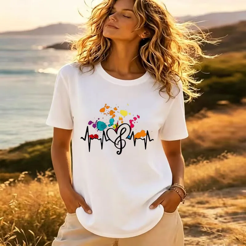 Music Note Heartbeat Pure Cotton Printed Men's and Women's Personalized Short Sleeved New Fashionable Loose Casual T-shirt