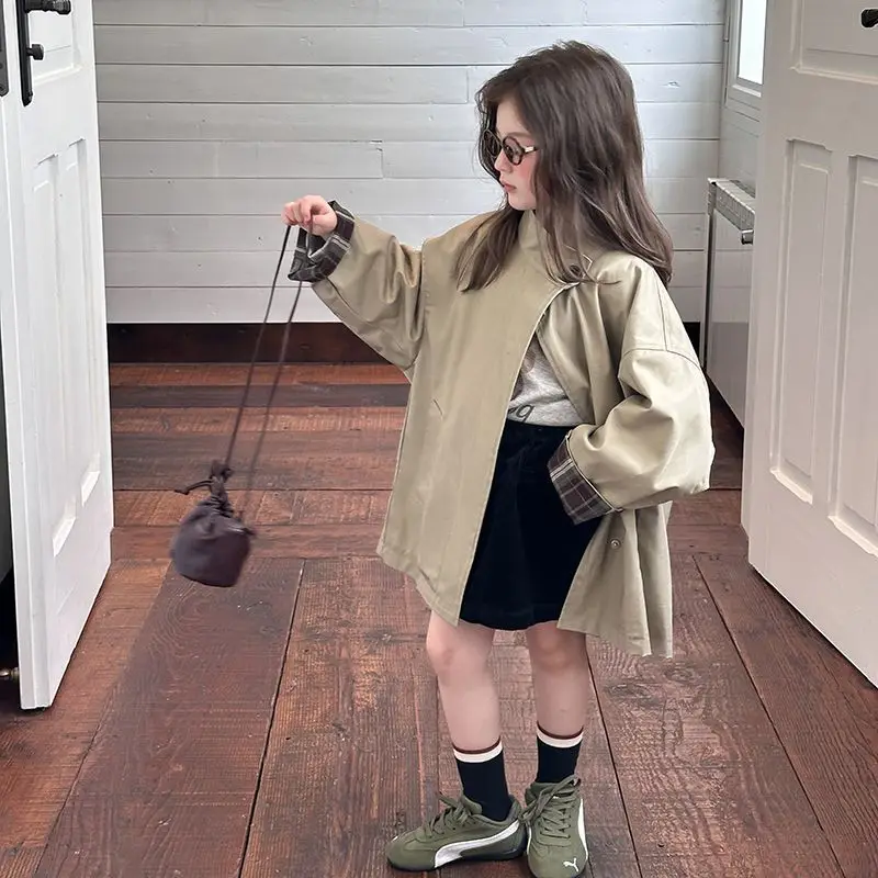 Cotton Padded Windbreaker Coat for Girls Autumn Korean Style Stylish Mid Length Standing Collar Outerwear for Children Ages 3-12
