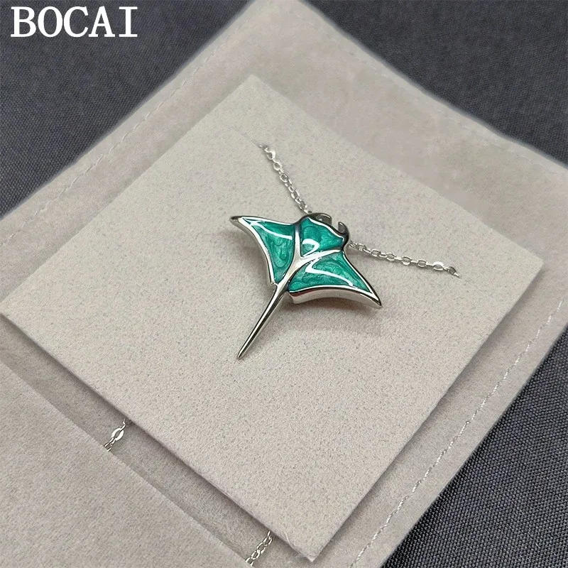 

BOCAI NEW S925 Silver Niche Personality Marine Creatures Manta Rays Devil Fish Pendant Necklace Women's Style