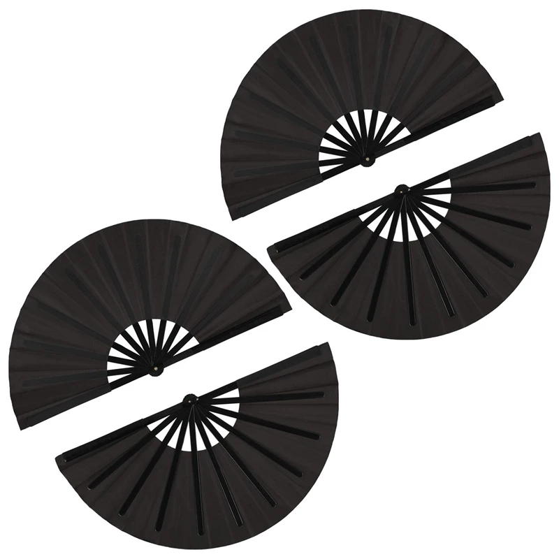 

4 Pieces Large Folding Fan Nylon Cloth Handheld Folding Fan Chinese Kung Fu Tai Chi Fan Black Decoration Fold Hand Fan