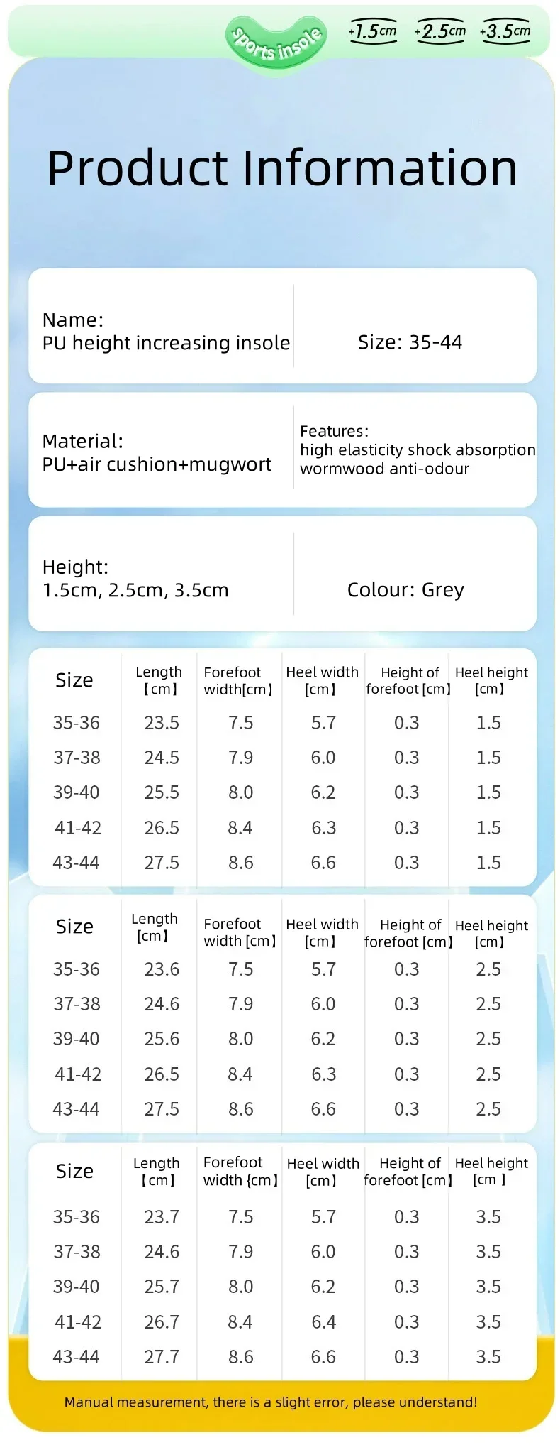 Height Increase Insole for Men Growing Sole Shoes Insoles Unisex Quality Sports Air Shock Absorbing Anti-Odour Shoe Pads 1Pair