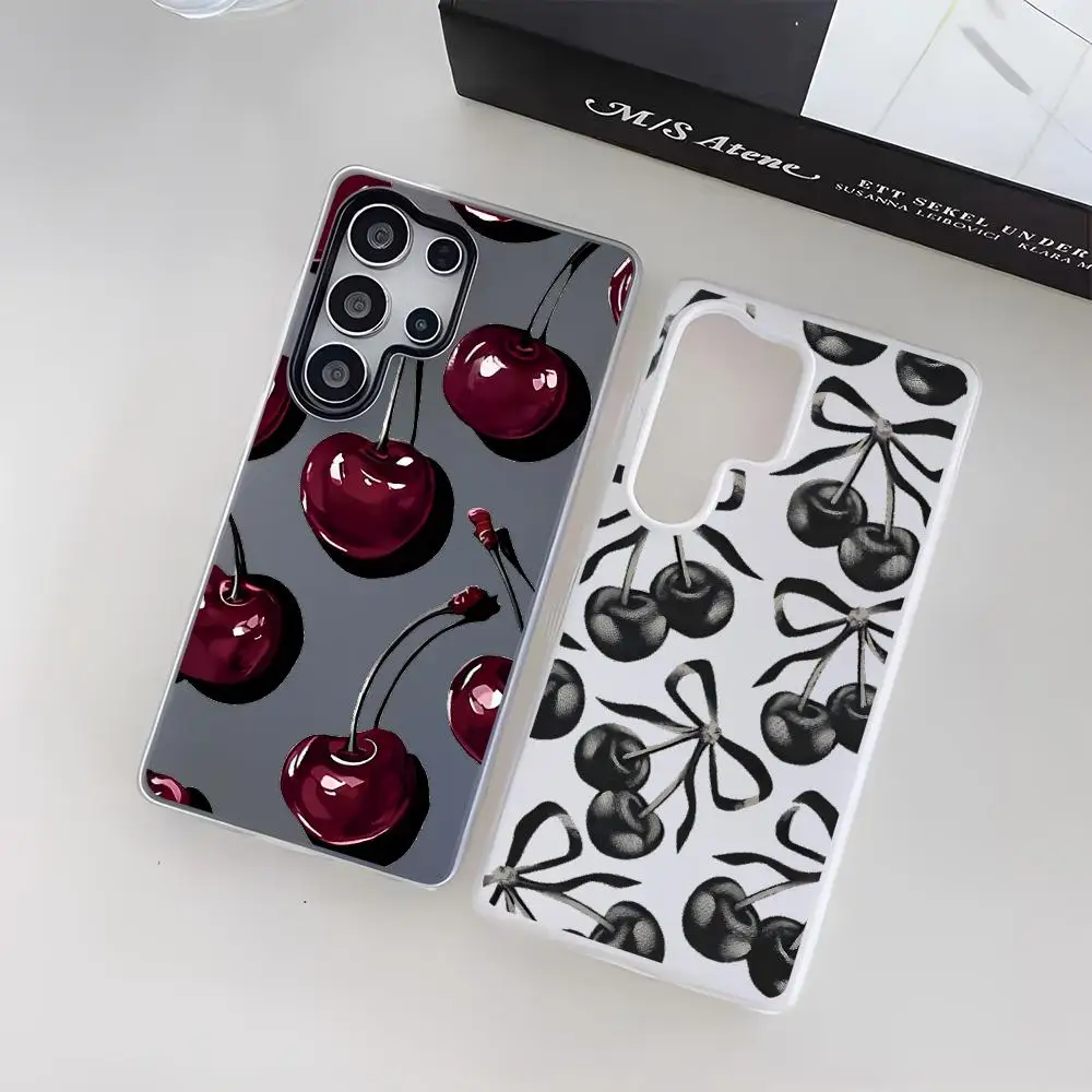 Midnight Cherry Fruit Pattern Phone Case For Samsung Galaxy S25 S24 S23 Ultra Jelly Clear Case Soft TPU 2-in-1 Shockproof Cover