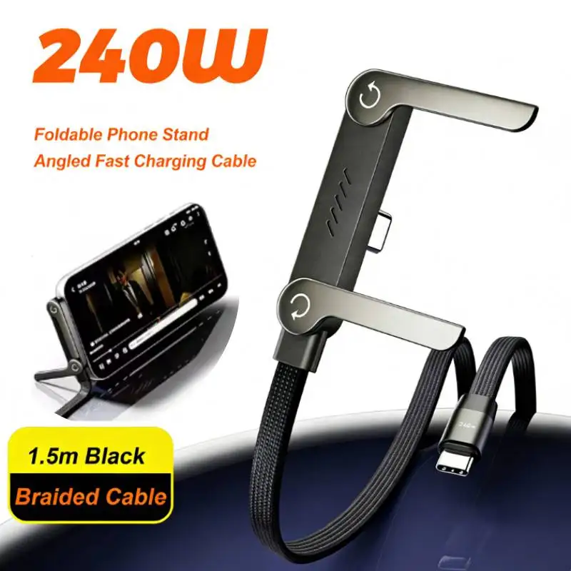 240W Braided Fast Charge Cable with Built-in Phone Stand, 2026 New Foldable Durable USB-C Cord 90 Degree USB C Cable Right Angle