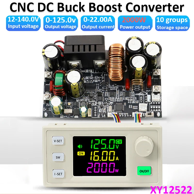 CNC DC Buck Boost Converter 22A/2000W Adjustable Stabilized Power Supply DC 12-140V Constant Voltage Current Step-down Module