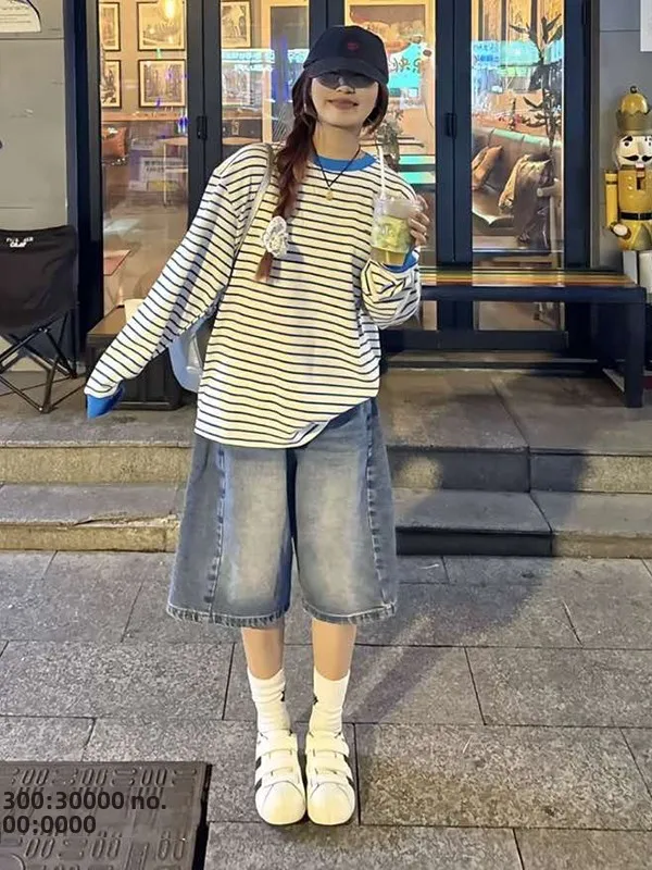 

American Sle High Waist Waed Blue Jeans Women's Summer Loose Straight Leg Wide Leg Pants Six orts Casual Loose Fit