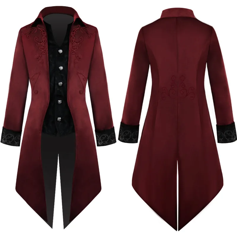 Men Steampunk Medieval Vintage Burgundy Red Tailcoat Jacket Renaissance Vampire Gothic Victorian Frock Coat Halloween Costume