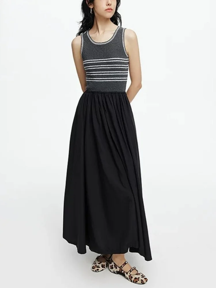 

French Waist Women's Cinched Elegant Lady Sleeveless Long Dresses Retro Striped Knitted Patchwork Vest Dress for Female
