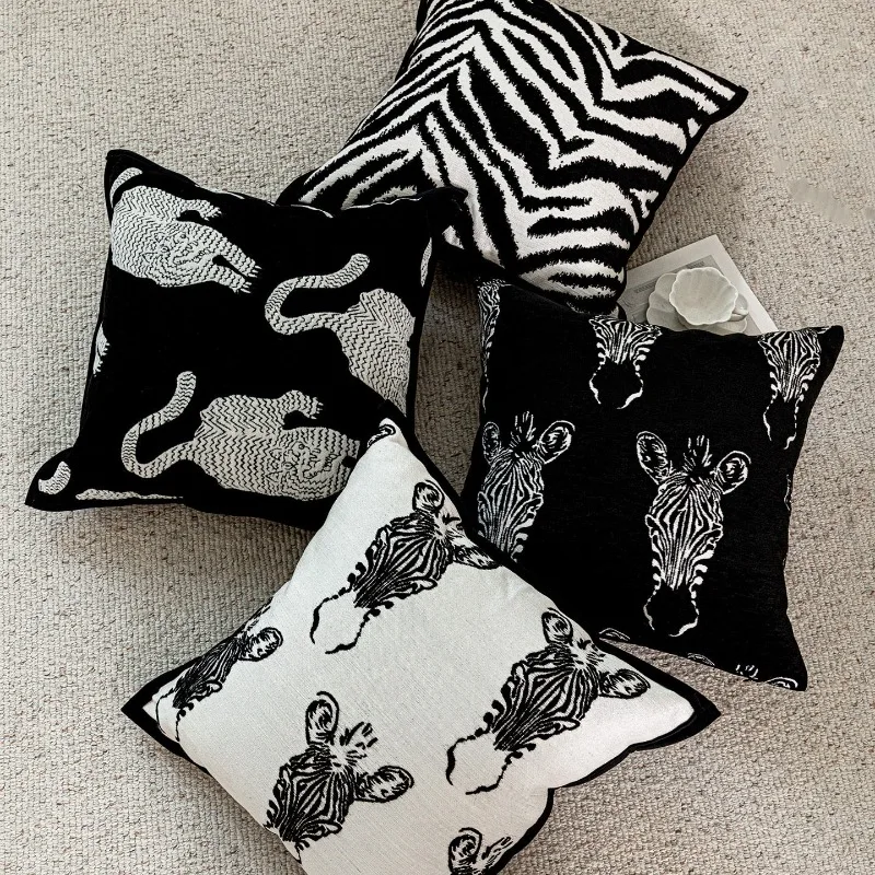 Black White Jacquard Textured Cushion Cover Luxury Vintage Zebra Leopard Animal Sketch Throw Pillow Case for Sofa Home Decor