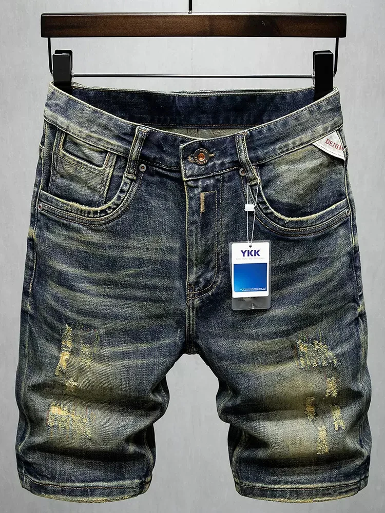 Summer Trendy Fashion Men Jeans High Quality Retro Black Elastic Ripped Short Jeans Patched Vintage Designer Denim Shorts Men