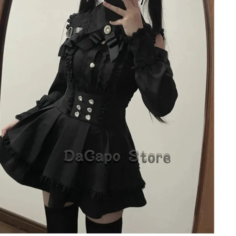 Jirai kei Outfit Lolita Girls Blouse Top Women Kawii Bow Black Skirts Shirts Long Sleeve Shirt Y2K Sweet Japanese Lady Style Set
