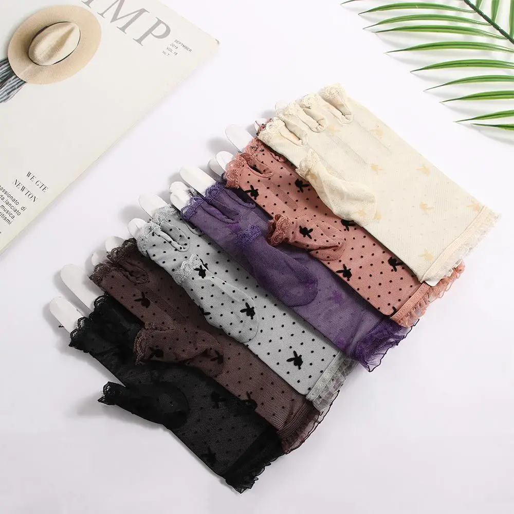 薄いゴシックレディースドットメッシュ中空ドライビンググローブ指なしミトンレース手袋ウサギの頭のパターン