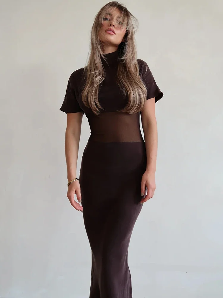 Turtleneck Short Sleeve Sexy Maxi Dress Women Gown Elegant Patchwork Mesh Sheer Backless Bodycon Club Party Long Dress