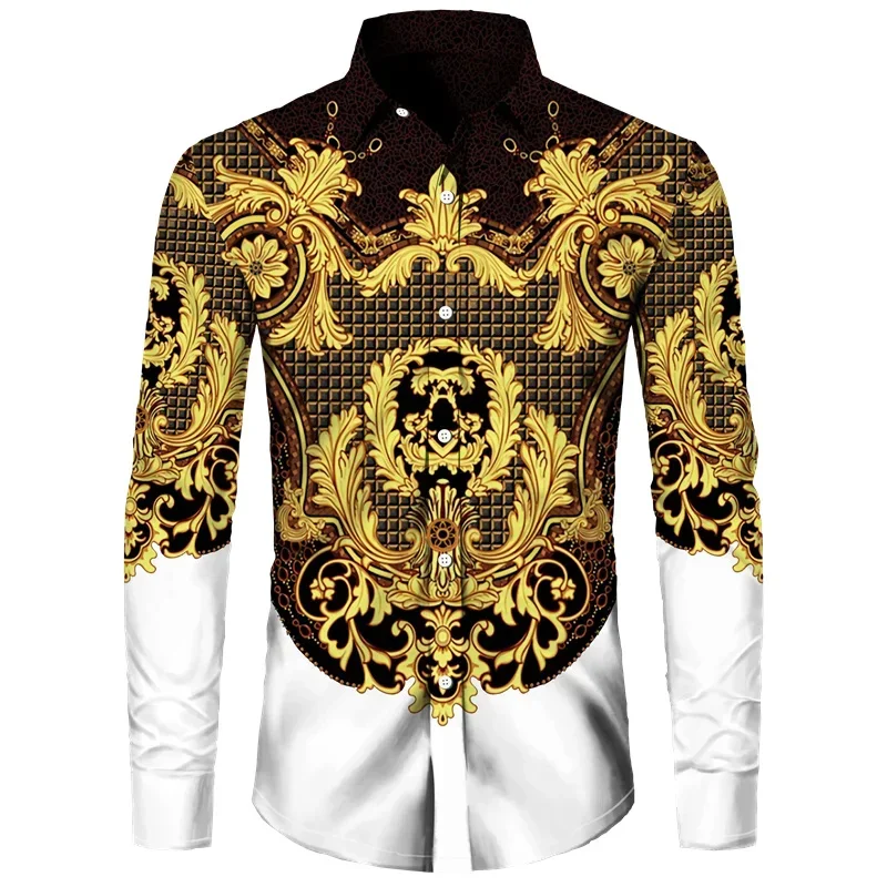 Camicia stampata in oro a maniche lunghe da uomo, moda sociale da uomo, abbigliamento firmato da uomo, moda hawaiana, camicia classica elegante