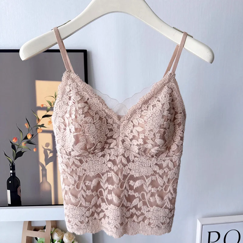 KUCLUT Lace Strap with Built-in Chest Pad Layering Autumn Winter Soft And Elegant Floral Pattern Nylon Fabric Women's Top