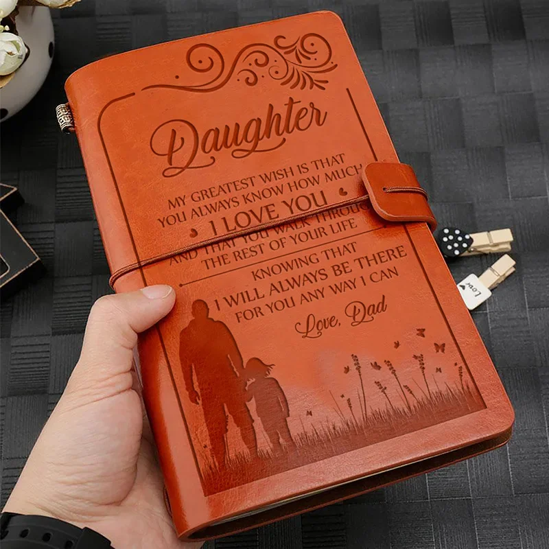 New Vintage A6 Brown Craft Paper Notebook "To My Daughter Love Dad" Engraved Leather Journal Notebook Diary Gift