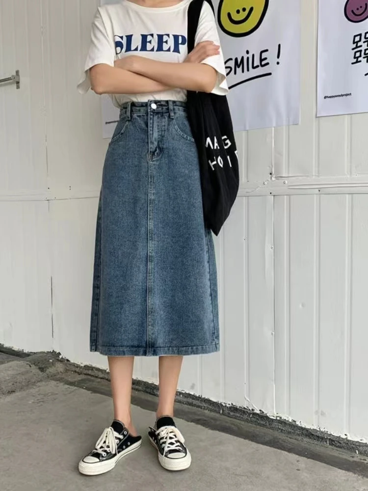 High Waist A-Line  Dress 2023 Spring New Style Women's Jeans Skirt Slimming plus Size Commute Korean Style Midi Skirt